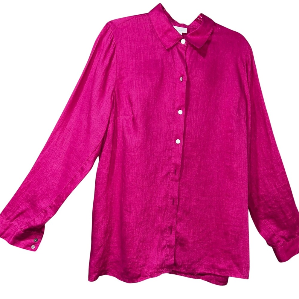 J.Jill Love Linen Long Sleeve Button Down Blouse Hot Pink‎ Fuchsia Small